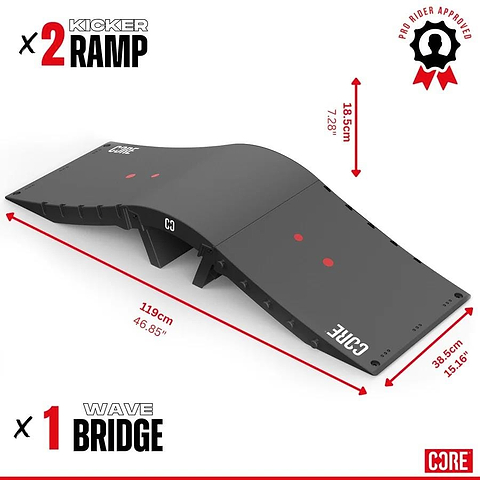 The CORE Mini Wave Skate Ramp Set - 2 Kickers & Bridge by CORE features two kicker ramps, a wave bridge, modular design, labeled dimensions (119cm x 38.5cm x 18.5cm), bold branding, and a "Pro Rider Approved" badge.