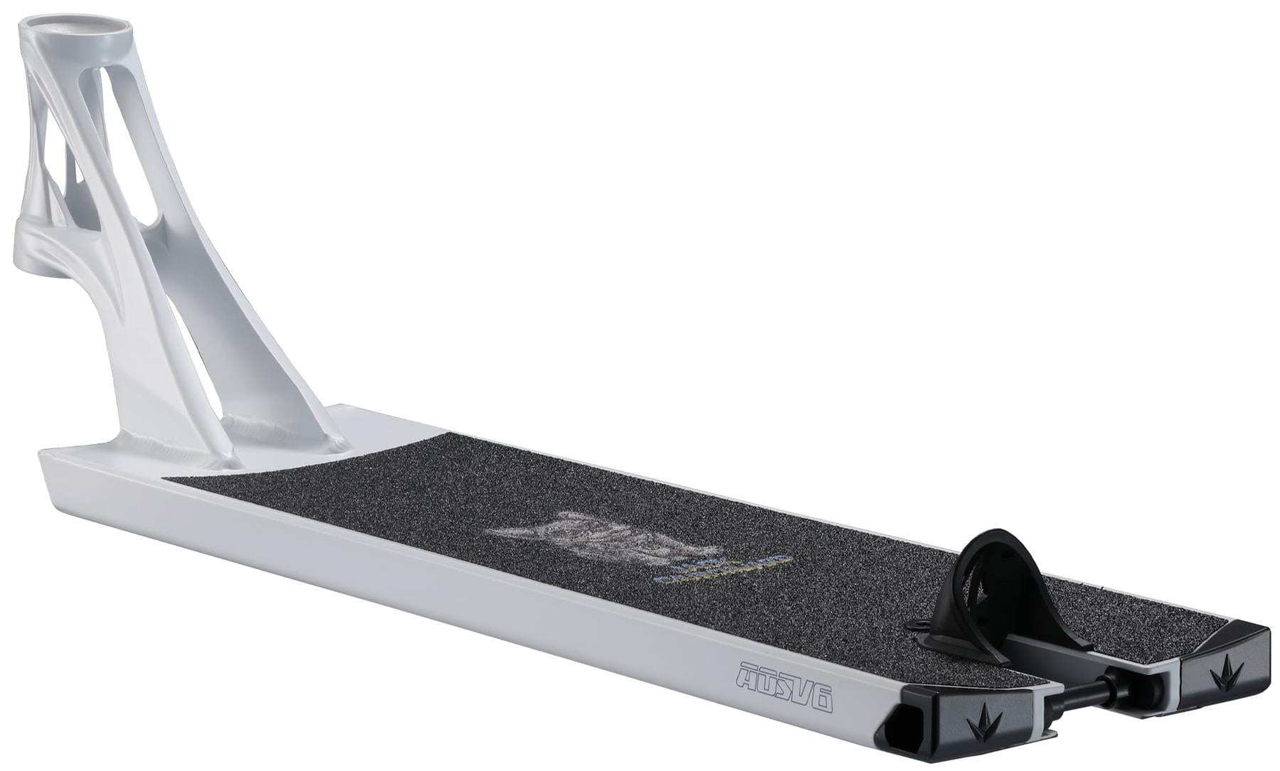 The Blunt Envy AOS V6 Jack Churchward Signature Stunt Scooter Deck (6" x 22") features a silver finish, black grip, angular rear cutout, and open metal headtube, highlighting its pro design on a white background.