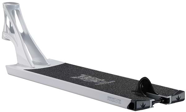 The Blunt Envy AOS V6 Jack Churchward Signature Stunt Scooter Deck (6" x 22") features a silver finish, black grip, angular rear cutout, and open metal headtube, highlighting its pro design on a white background.