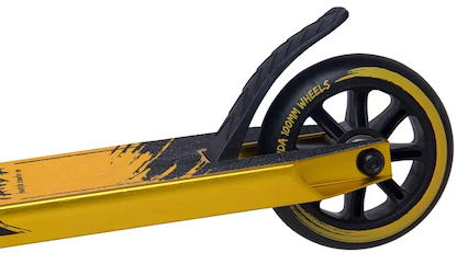 Close-up of the Panda Cub Complete Stunt Scooter by Panda, featuring the gold deck with black and yellow graphics, plus the black rear wheel and brake.