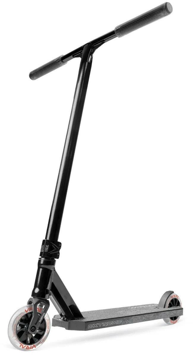 The Madd Gear Viral Extreme Complete Stunt Scooter - Black Shadow by MGP features a long handlebar, two small clear wheels, and a textured deck—ideal for skatepark use. Shown upright on a white background.