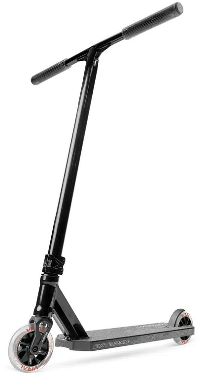 The Madd Gear Viral Extreme Complete Stunt Scooter - Black Shadow by MGP features a long handlebar, two small clear wheels, and a textured deck—ideal for skatepark use. Shown upright on a white background.