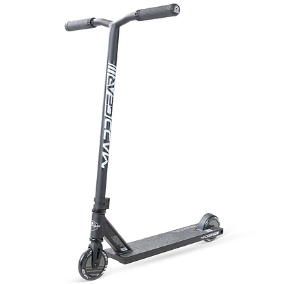 The Madd Gear MG 3 Zen Complete Stunt Scooter in Black/Black by MGP features a strong deck, small wheels, and a durable one-piece steel T-bar, ideal for tricks and skatepark use. Shown on a plain white background.