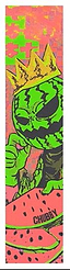 The Chubby Stunt Scooter Griptape - Watermelon King features a lively cartoon watermelon with a yellow crown and a "CHURAY" slice, set against colorful shapes—perfect for fans who want bold, unique designs from Chubby.