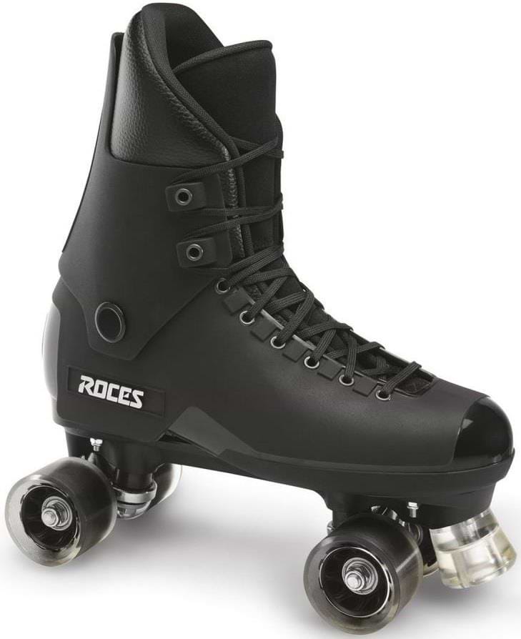 The Roces Pro 80 Quad Roller Skates - Black feature a hard-shell design, clear wheels, high ankle support, and the Roces brand name on the side.