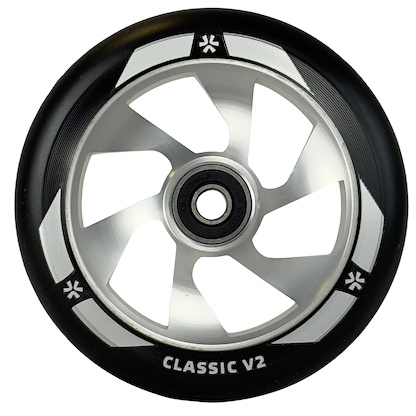 A close-up of the Union Classic V2 110mm Stunt Scooter Wheel in black and silver by Union, featuring five spokes and "CLASSIC V2" text on the rim.