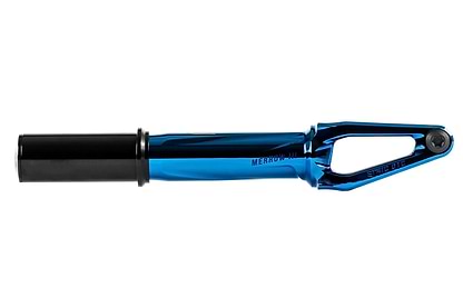The Ethic DTC Merrow V3 IHC Stunt Scooter Fork in chrome blue by Ethic features a slim, angular 7075 aluminium design, MERROW III branding, and is acclaimed as the lightest fork with a visible bolt at one end.