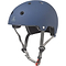 The Triple 8 Dual Certified Skate/Scooter Helmet in Blue features ventilation holes, grey adjustable chin straps, a red buckle, and a subtle logo of three interlocking circles on the front for added style.