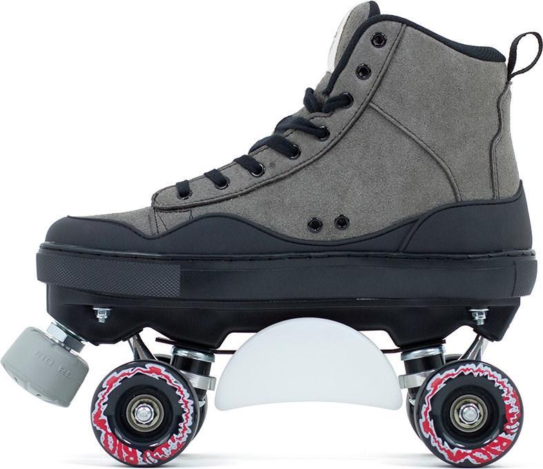 The Rio Roller Ramp Quad Roller Skates - Grey by Rio Roller are shown in a side view, featuring a gray and black high-top design, four wheels, black laces, and a white toe stop against a white background.
