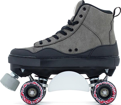 The Rio Roller Ramp Quad Roller Skates - Grey by Rio Roller are shown in a side view, featuring a gray and black high-top design, four wheels, black laces, and a white toe stop against a white background.