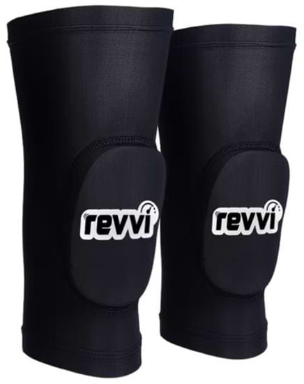 The Revvi Kids Knee MTB Protection Pads in black feature the white Revvi logo, providing impact protection and comfort. Shown upright against a white background.