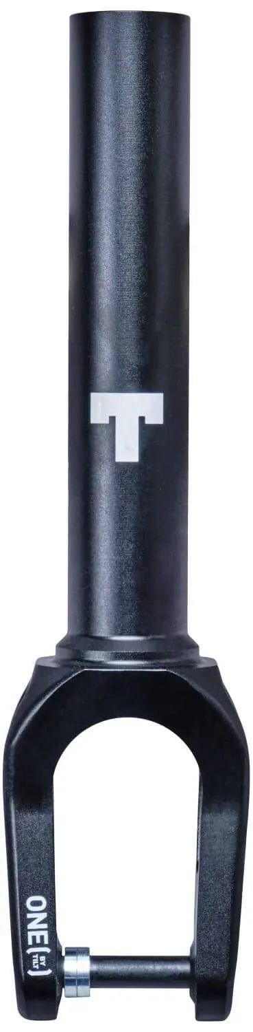 The Tilt Stage 1 SCS/HIC Stunt Scooter Fork - Black by Tilt is made from lightweight T6 heat treated 6000 series aluminium, features a top cylindrical tube, open wheel axle slot, and white "T" branding—an ideal upgrade for stunt scooters.