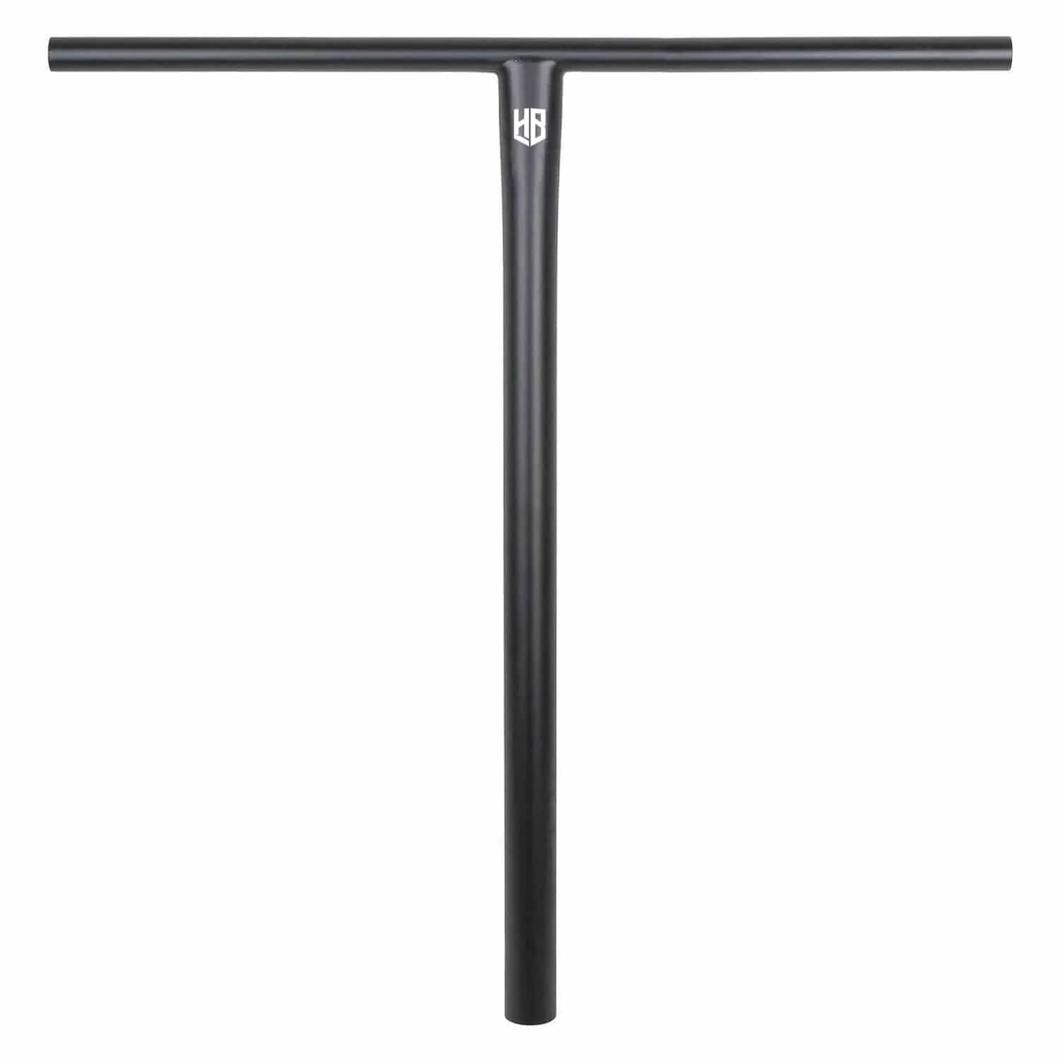 The CORE Nova Halfbarz V2 Titanium Oversized HIC Stunt Scooter Bars (680mm x 630mm) feature a black metal T-shaped design with a small white logo, offering lightweight strength and durability—ideal for high-performance riders.