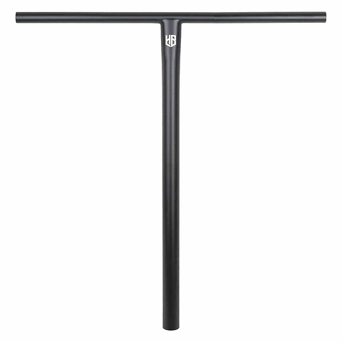 The CORE Nova Halfbarz V2 Titanium Oversized HIC Stunt Scooter Bars (680mm x 630mm) feature a black metal T-shaped design with a small white logo, offering lightweight strength and durability—ideal for high-performance riders.