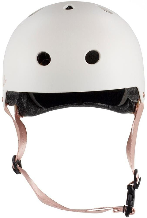 The Rio Roller Rose Skate/Scooter Helmet in Cream combines safety and style with ventilation holes and a light pink adjustable chin strap with a black buckle, making it perfect for cycling, skateboarding, or scooting.