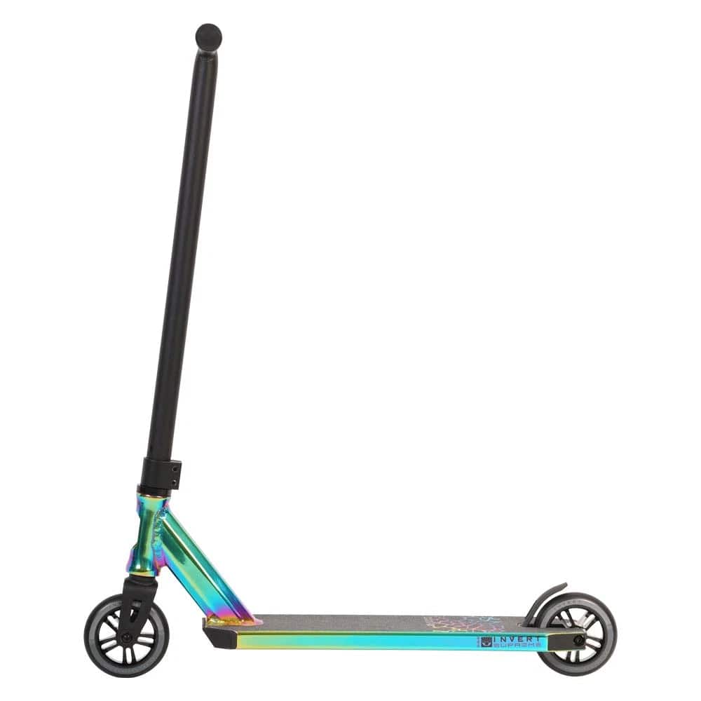 The Invert Supreme 2.5-8-13 Complete Stunt Scooter in Neochrome/Black features a black handlebar, iridescent aluminum deck, two small black wheels, and a textured surface—perfect for intermediate riders seeking style and performance.