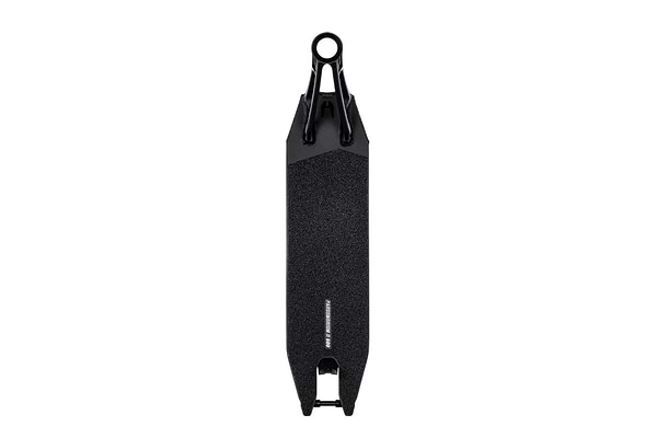 The Ethic DTC Pandemonium V2 Black Stunt Scooter Deck, measuring 5.1" x 19.7", is engineered from 6061-T6 aluminum, offering exceptional lightness. It features a black textured grip surface and a metal rear section with a cutout for brake attachment and an integrated handle mount at the front.