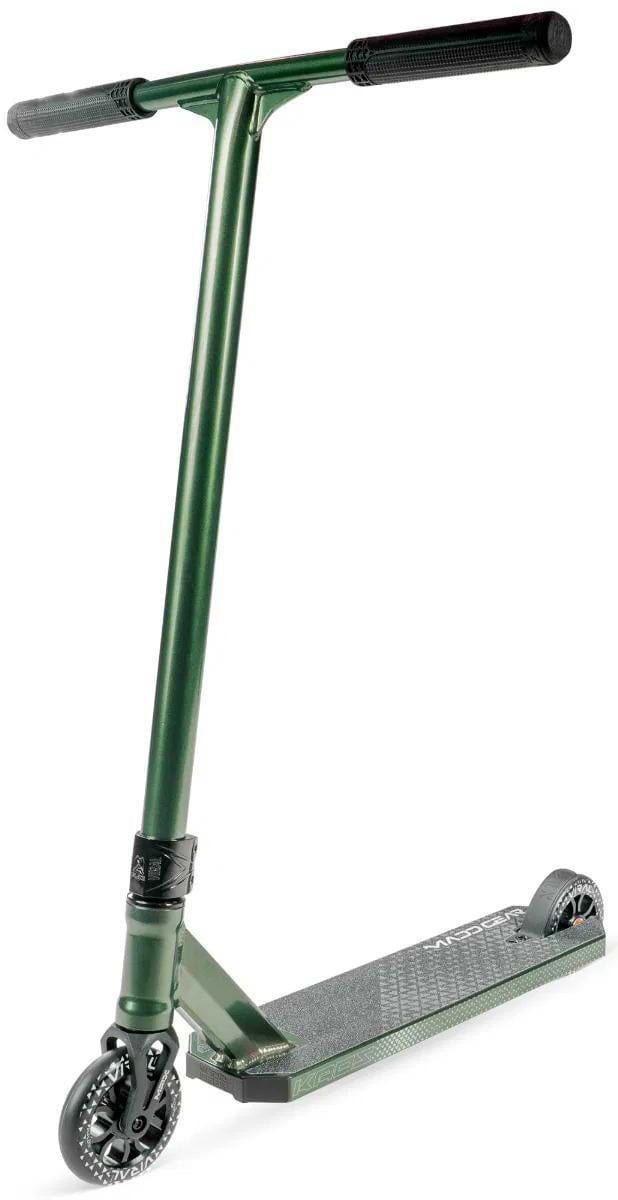 The Madd Gear Viral KAOS Complete Stunt Scooter - Forest by MGP features black handlebars, a grippy deck, and two small wheels—ideal for tricks and stunt progression.