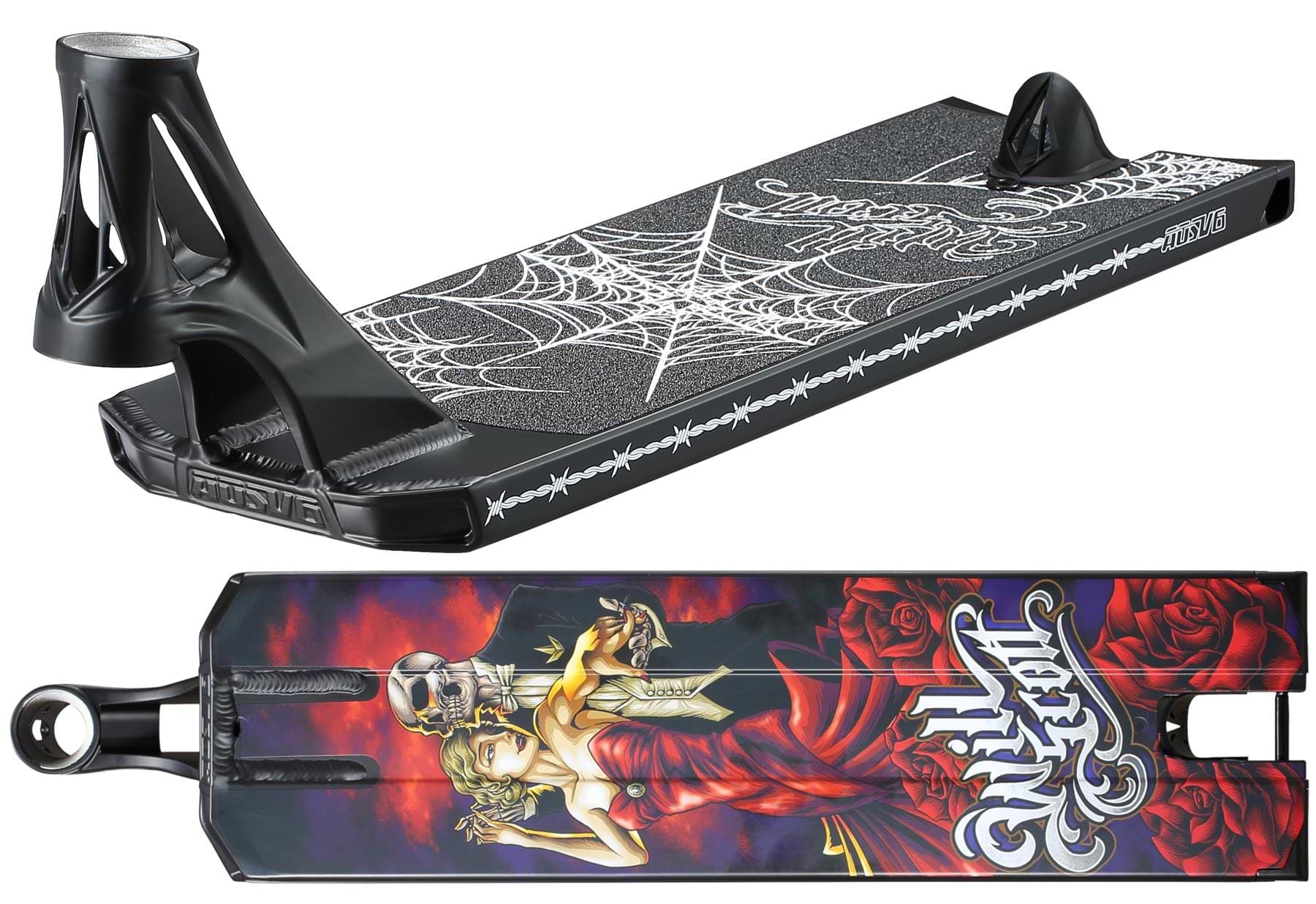 The Blunt Envy AOS V6 Will Scott Signature Stunt Scooter Deck (6.5" x 23") features a black deck with web pattern and "Wild Cat" text on top, plus a bold underside graphic of a woman in a red dress with roses and flames.