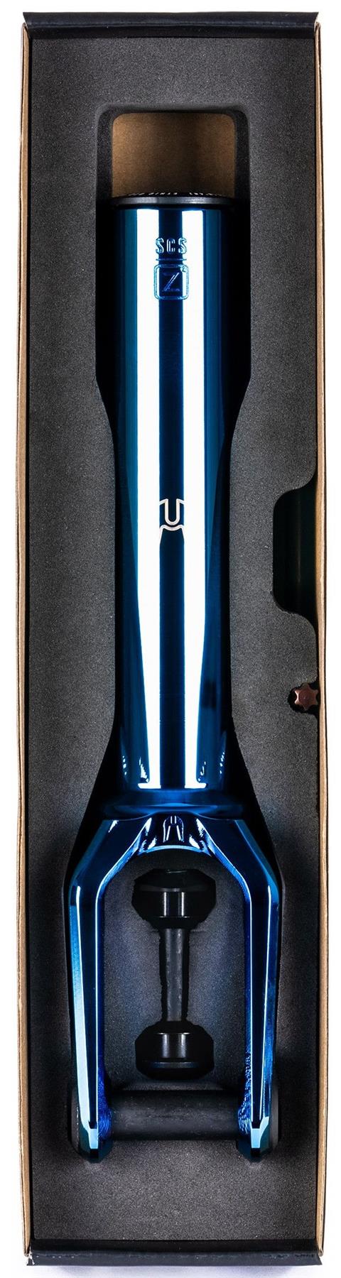 A chrome blue Ethic DTC Merrow V3 8/12STD SCS stunt scooter fork is neatly placed inside a black foam-lined box, viewed from above.