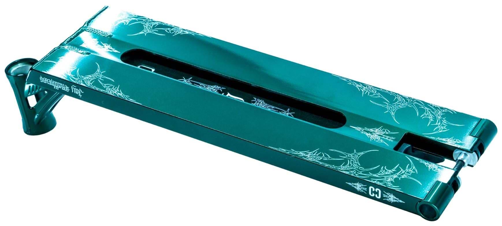 The CORE ST3 Forged Green J.Matthews Signature Street Stunt Scooter Deck (6.5" x 22.5") by CORE is shown at an angle, highlighting its headtube, signature white graphics, and wide center cutout.
