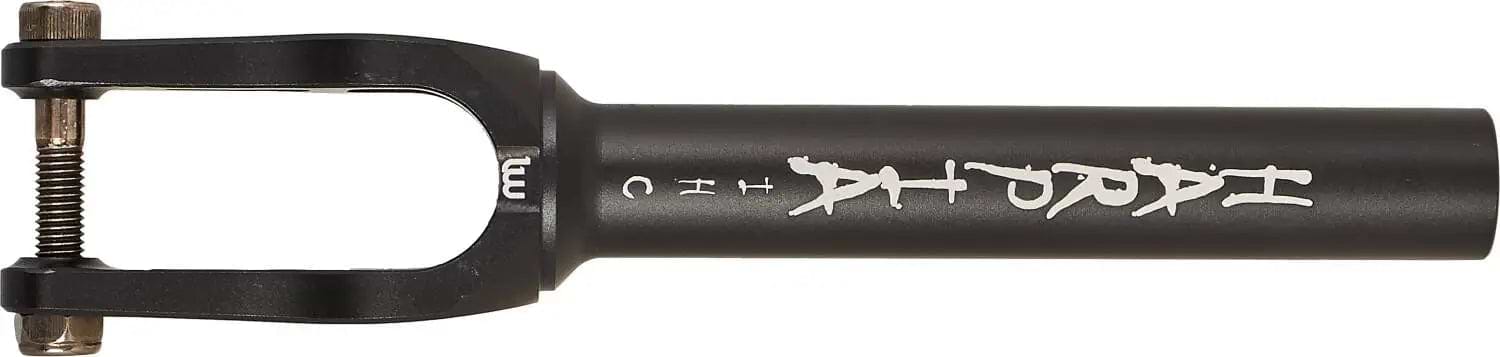 The Longway Harpia IHC Stunt Scooter Fork in black is made from Aluminium 6000, features white graffiti-style text along the tube, and includes a bolt for connection to lightweight IHC setups.