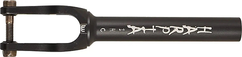 The Longway Harpia IHC Stunt Scooter Fork in black is made from Aluminium 6000, features white graffiti-style text along the tube, and includes a bolt for connection to lightweight IHC setups.