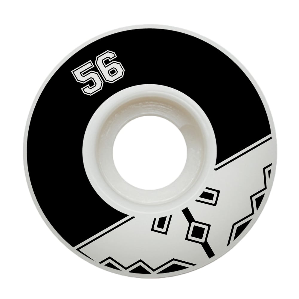 The Fracture Uni Classic 56mm 100A Skateboard Wheels - Black, from Fracture, are crafted from high rebound urethane and feature a durable white core with an eye-catching black and white design. The wheels display the number "56" on the black section, while geometric patterns enhance the white area for added style and performance.