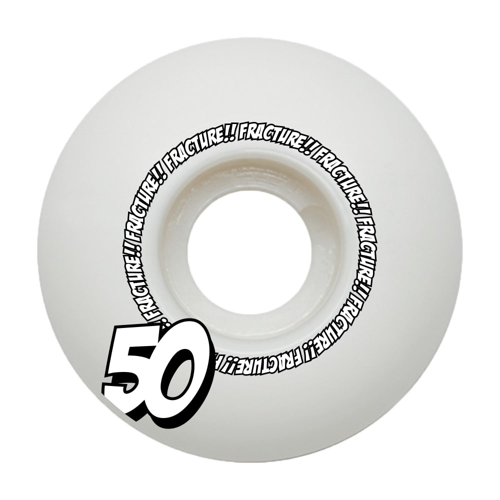 The Fracture Comic Classic 50mm 100A skateboard wheel prominently displays the "FRACTURE" brand swirling around its center. Constructed from high rebound urethane, this white wheel features a bold black and white "50" at the bottom left.