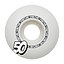 The Fracture Comic Classic 50mm 100A skateboard wheel prominently displays the "FRACTURE" brand swirling around its center. Constructed from high rebound urethane, this white wheel features a bold black and white "50" at the bottom left.