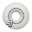 The Fracture Comic Classic 51mm 100A Skateboard Wheels - White are expertly crafted using a high rebound urethane formula. The rims are decorated with the repeated "FRACTURE" branding, while a striking black and white "51" on the left side highlights both their stylish design and performance capabilities.