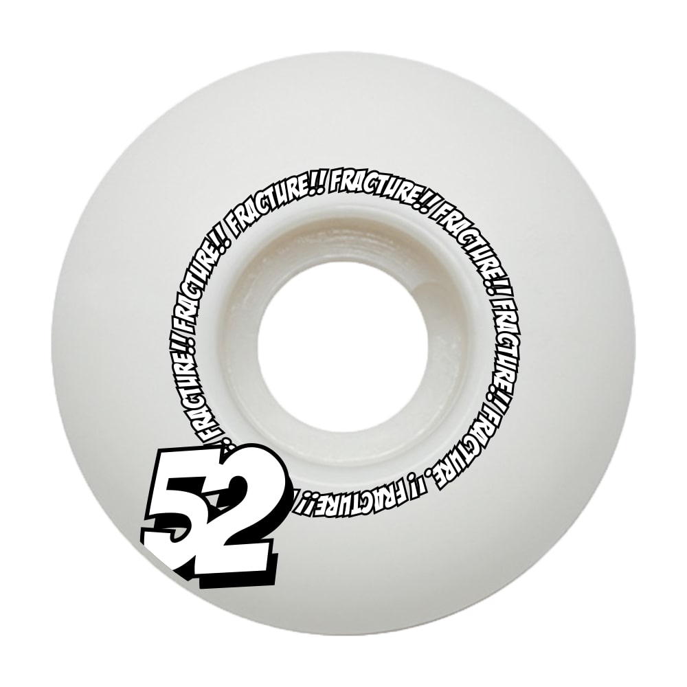 Introducing the Fracture Comic Classic 52mm 100A Skateboard Wheels in white, designed for durability and performance with high rebound urethane. These wheels feature the "Fracture!" logo in bold black at the center, and a prominent black and white "52" displayed at the bottom left, making them both stylish and functional.