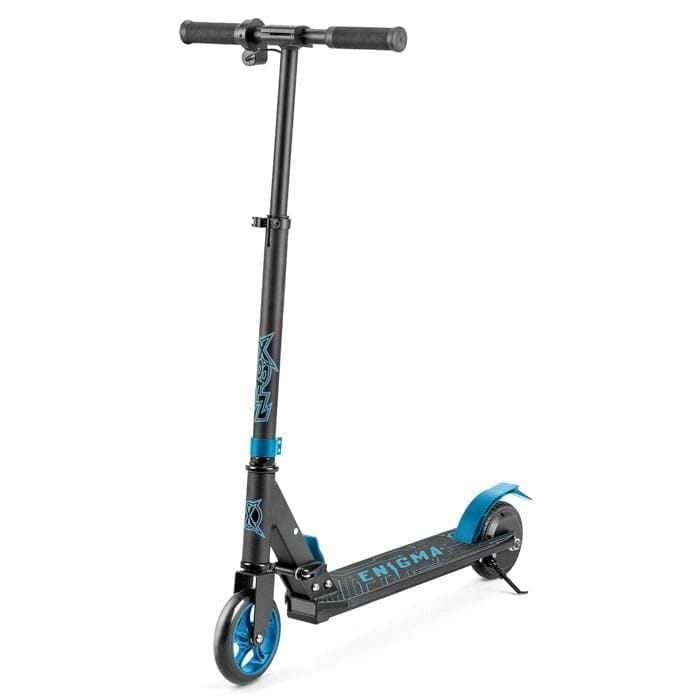 The Xootz Enigma Lithium Electric Scooter in blue features a narrow deck, two small wheels, upright handlebars, a foldable design, and "ENIGMA" branding on the side.