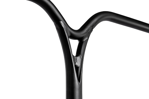Close-up of the Ethic DTC Wolpertinger Aluminium IHC Stunt Scooter Bars in black (670mm x 560mm), featuring smooth modern welds and a Y-shaped design, by Ethic, set against a white background.