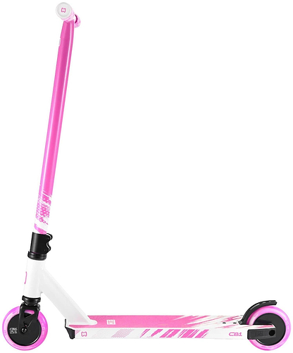 The CORE CB1 Beginner Complete Stunt Scooter in white and pink from CORE features two wheels, an upright handlebar, and a deck with pink graphics—perfect for beginners seeking a stylish and easy-to-ride scooter.