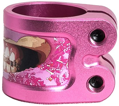 The Chubby Gnasher 2 Bolt Oversized Scooter Clamp - Pink Doughnut by Chubby is made from 7075-T6 aluminum, features a metallic pink finish, two black screws, and a cartoon doughnut design with sprinkles and a partial face.