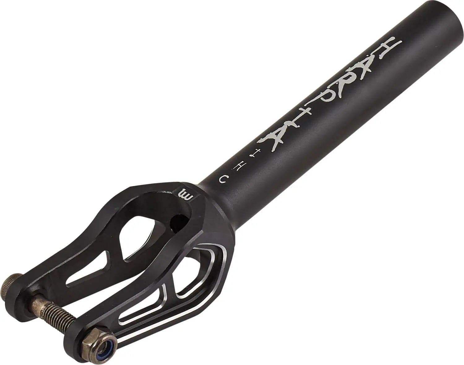 The Longway Harpia IHC Stunt Scooter Fork in black is crafted from durable 6000 aluminium, has a cylindrical tube, open forked end with bolts, and white Longway logo—ideal for lightweight IHC setups.