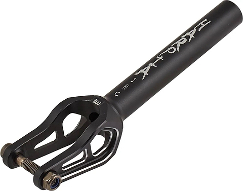 The Longway Harpia IHC Stunt Scooter Fork in black is crafted from durable 6000 aluminium, has a cylindrical tube, open forked end with bolts, and white Longway logo—ideal for lightweight IHC setups.