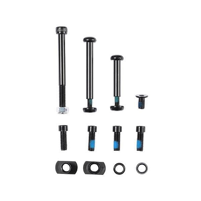 The Blunt Envy Prodigy X Hardware Pack includes black axle bolts and screws in various lengths, with matching nuts and washers, some featuring blue thread-lock—ideal replacement hardware for your Blunt Envy scooter.