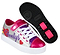 The Heelys Snazzy X2 Girls Shoes by Heelys feature silver, rainbow, and heart designs with pink laces and two wheels per shoe for extra rolling fun.