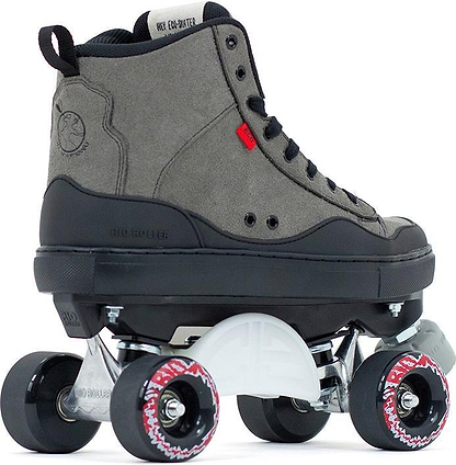 The Rio Roller Ramp Quad Roller Skates - Grey by Rio Roller features a gray high-top design, black laces, detailed stitching, a red side tag, and mounts on a black and white metal frame with four red and black quad wheels—perfect for ramp skating.