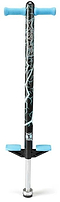 The Xootz Volt Pogo Stick - Black / Blue features light blue handles, footrests, and white zigzag designs. This fun Xootz toy helps kids build balance and coordination while playing outdoors.