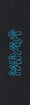 Blue graffiti-style “paradise” text runs vertically on the speckled black Hella Grip Classic Stunt Scooter Griptape - Blue Wobble, giving it a bold, street-inspired look.