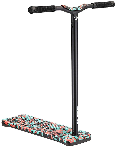 A vibrant Blunt Envy TS Pro 7.5 Indoor Trampoline Stunt Scooter in Teal Camo, highlighted by its black handlebar and stem, showcases a striking red, black, and turquoise camouflage pattern on the deck. This customizable scooter stands proudly against a plain white background, ready for your next adventure.