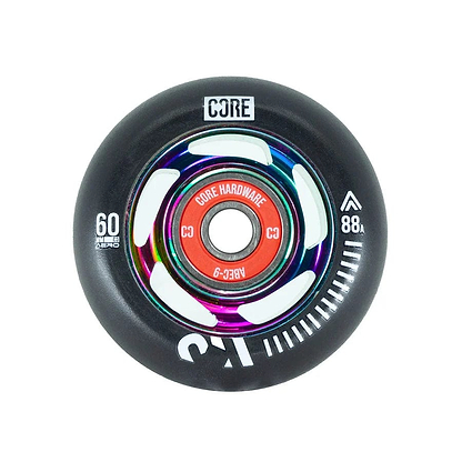 The CORE Aero 88A Inline Skates Wheels, branded with the Core Hardware logo, promise a lively skating experience. These black and metallic wheels showcase a neochrome accent around a red hub marked "ABEC-9," along with white text indicating their 60mm size and 88A hardness. Enjoy smooth rides with the premium Aluminium construction of these quality inline wheels.