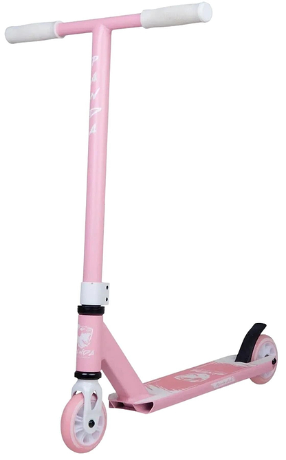 The Panda Cub Complete Stunt Scooter - Pink by Panda features white handlebars, two white wheels, a black rear brake, and a deck with white graphics. Perfect for junior riders, it stands upright against a white background.
