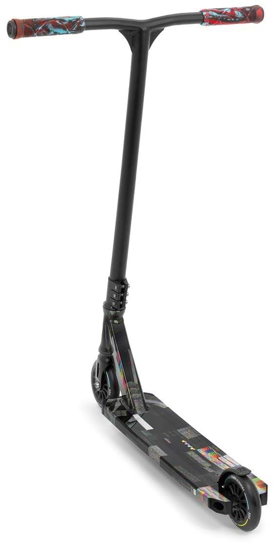 The Slamm Mischief Complete Stunt Scooter - Glitch features a black handlebar, multicolored grips, and a striking Nebula Wrap on the deck. With 110mm wheels, it's designed for impressive tricks and stunts.