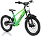 The Revvi 20" Kids Electric Balance Bike - Green features black handlebars, off-road tires, a sturdy stand, and front disc brake. The frame sports a white and black logo with a black seat and front mudguard. The bike is presented on a plain white background.