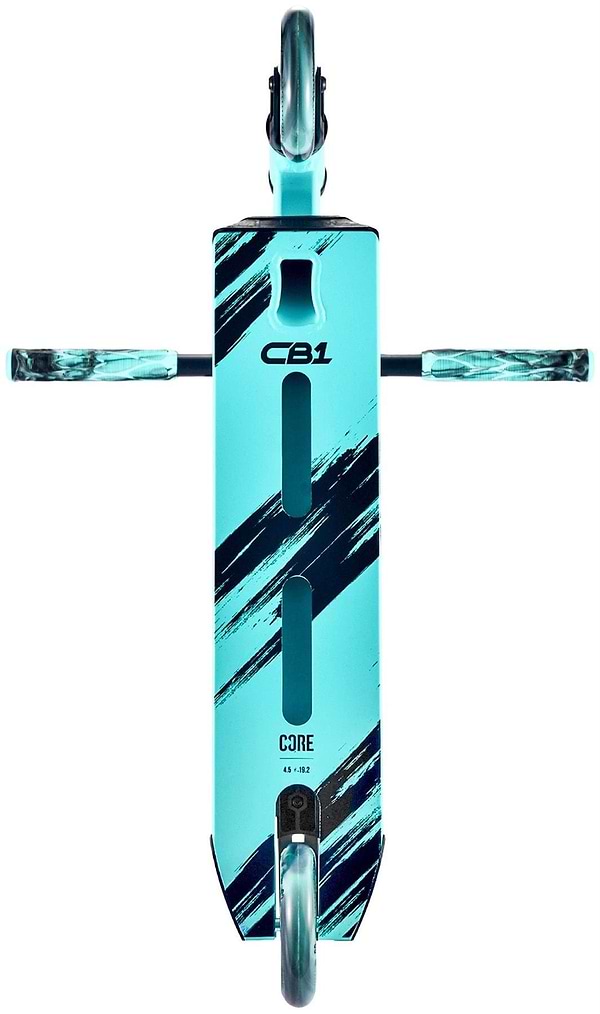 The CORE CB1 Beginner Complete Stunt Scooter by CORE in teal and black is shown from above, displaying "CB1" and "CORE" graphics. Two wheels are visible at each end—ideal for beginners.