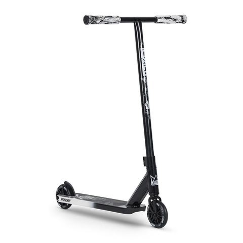 The Legacy Fade Complete Stunt Scooter by Legacy features a black/grey finish, wide T-bar handle, black and white patterned grips, small black wheels, and sleek white graphics—perfect for freestyle tricks with its minimalist design.